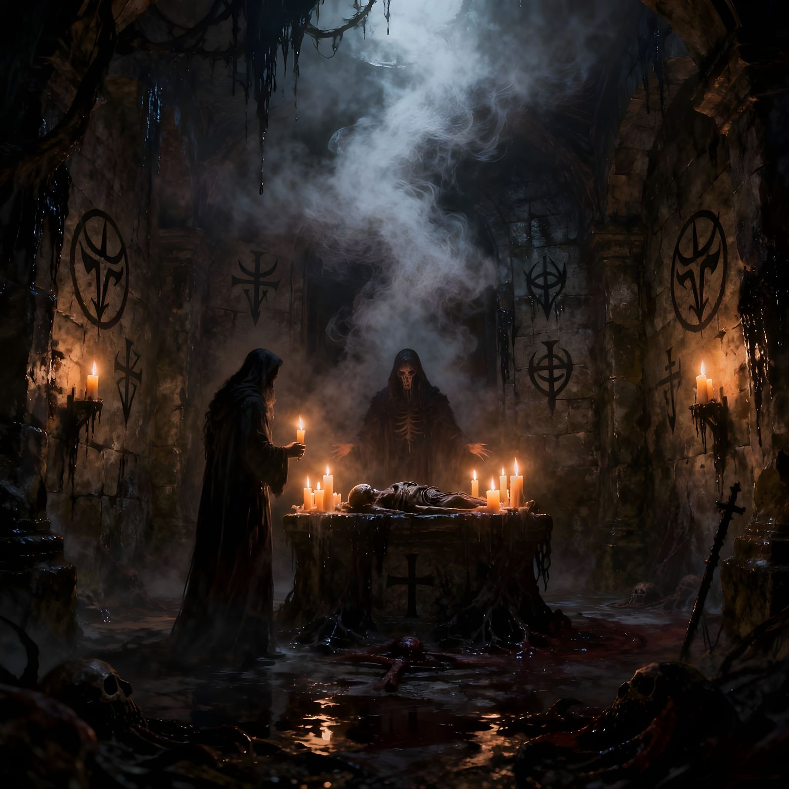 Satanic Ritual in Macabre Crypt: Gothic Horror Art