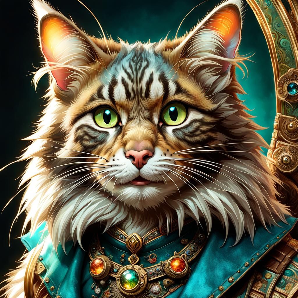 Maine Coon Cat with Mouse: Fantasycore Digital Art