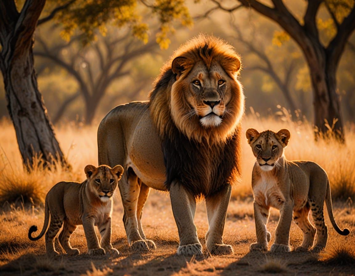 Majestic Lion Protecting Family: Wildlife Photography