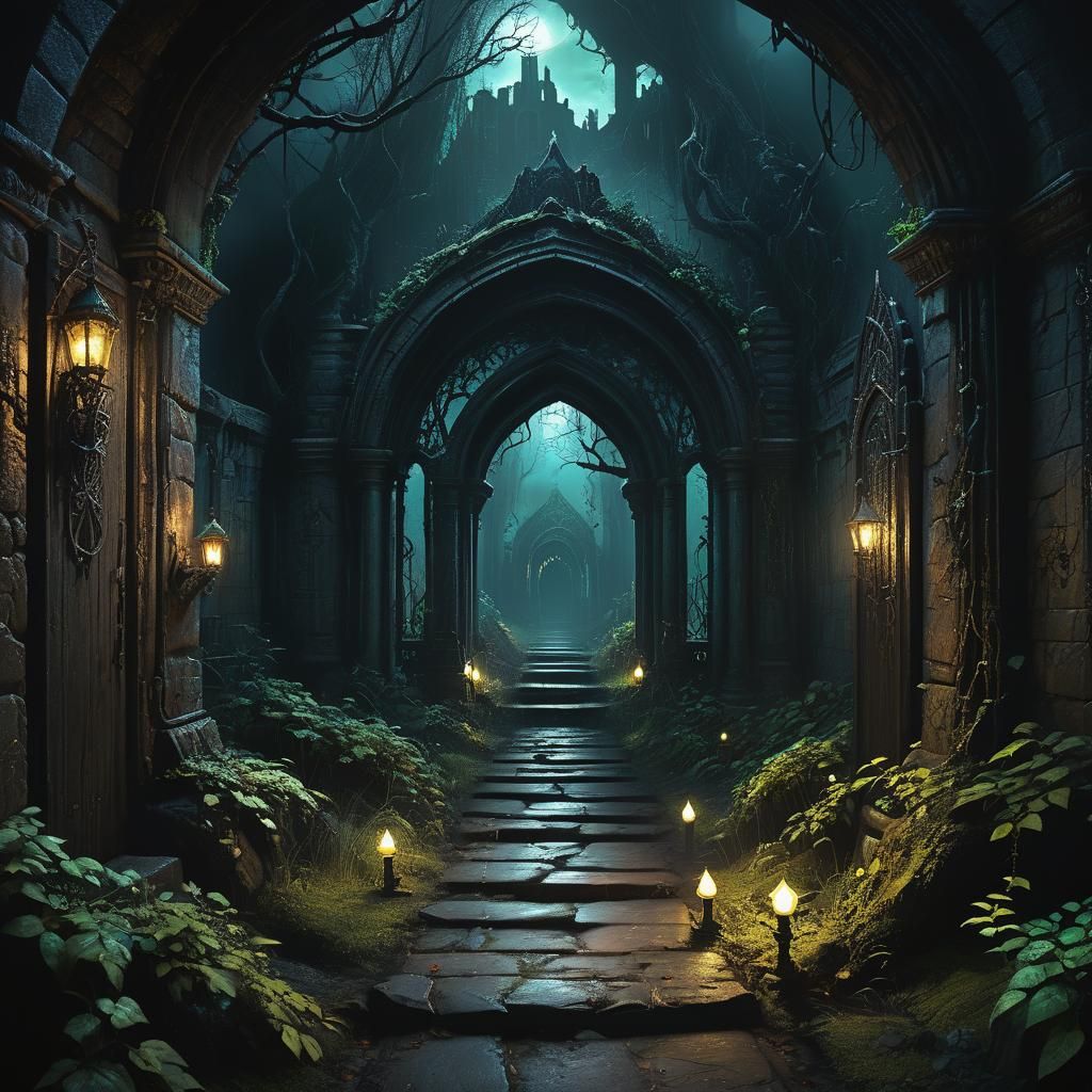 Eerie Gothic Pathway through Dark Realm