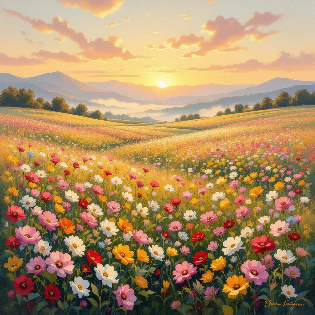Dreamy Flower Field at Golden Sunset