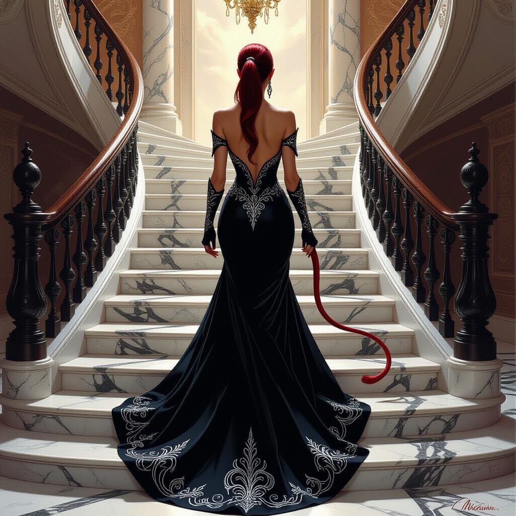 Tiefling in Black Gown Ascending Grand Staircase