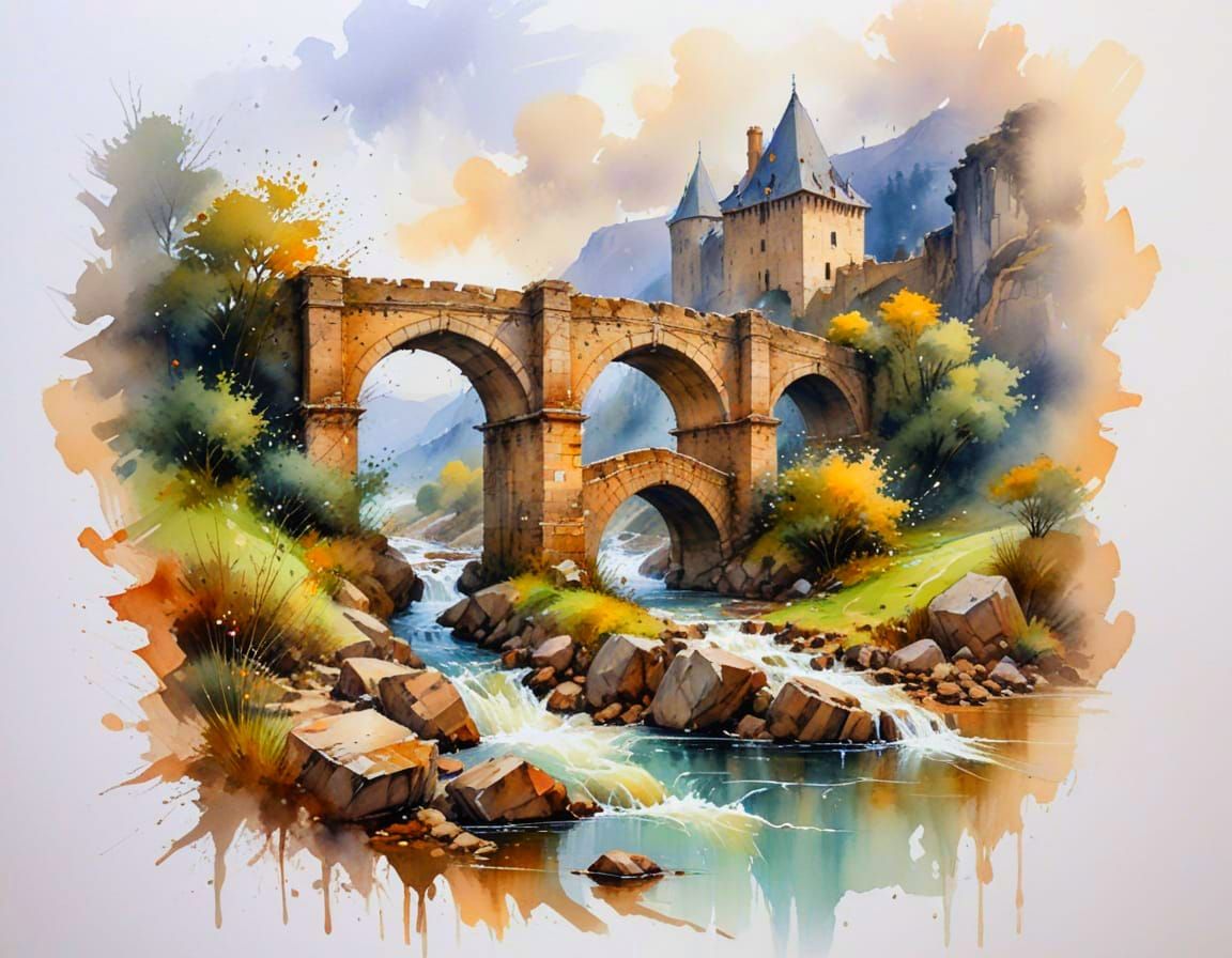 Medieval Bridge in Floodwaters, Watercolour Painting