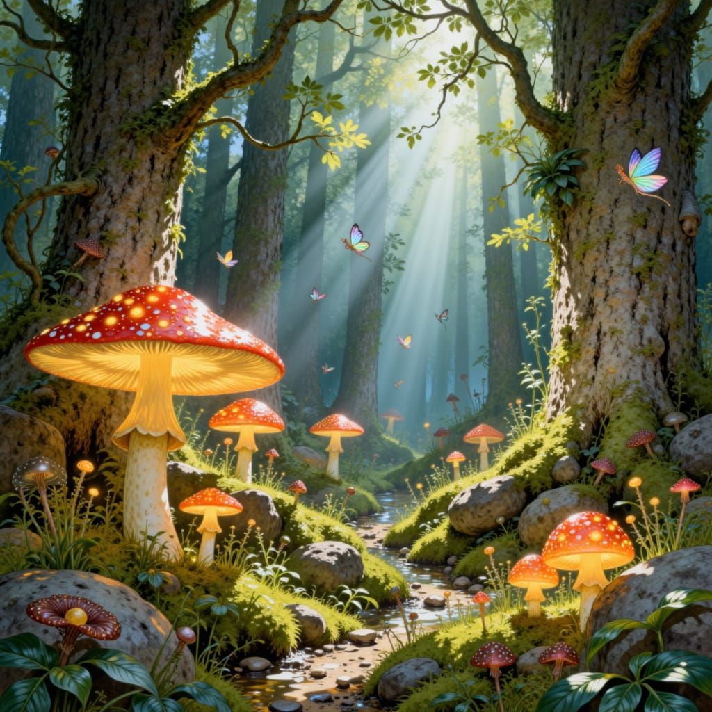 Enchanted Forest Scene with Fairies and Glowing Mushrooms