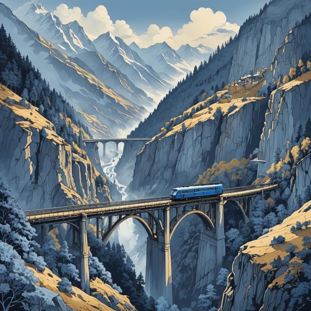 Alpine Train Ink Illustration in Blue Hues