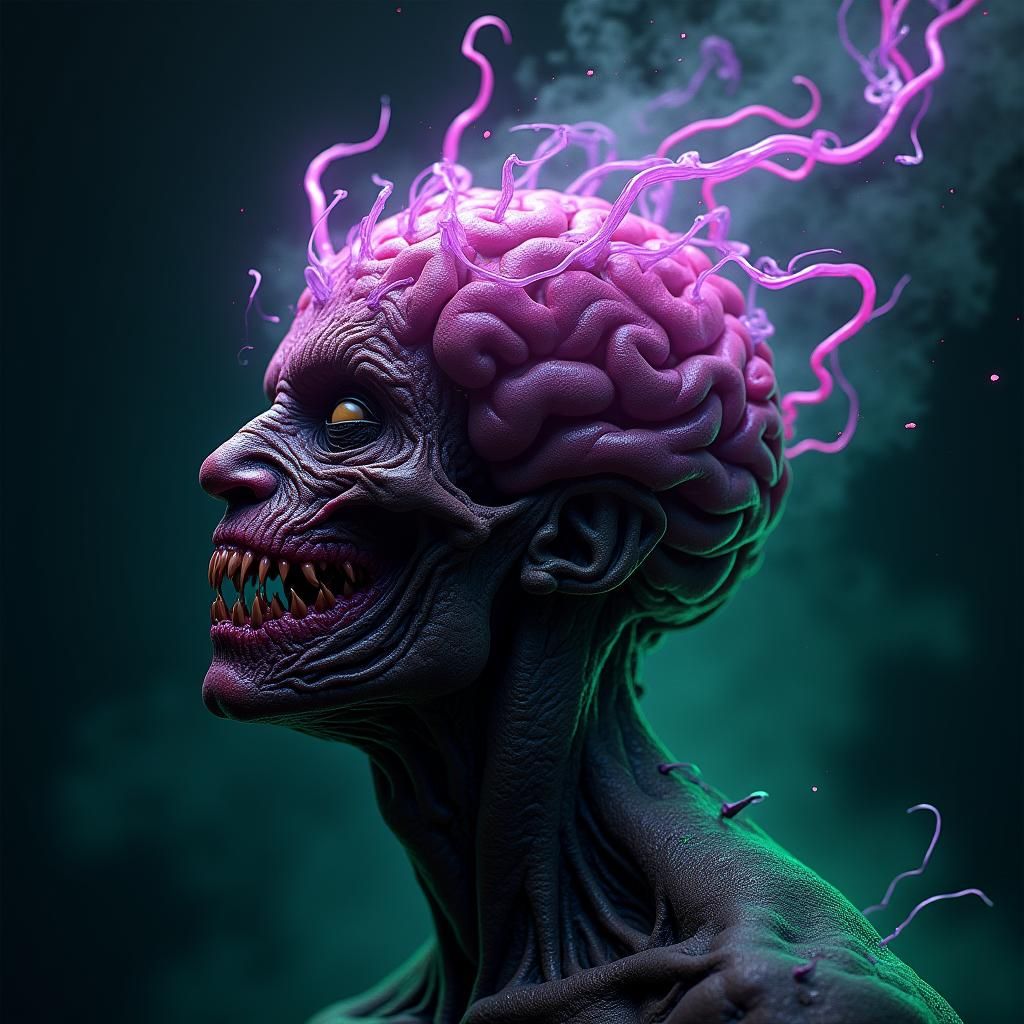 Hyperrealistic Demon Warping Brain Tissue in Neon