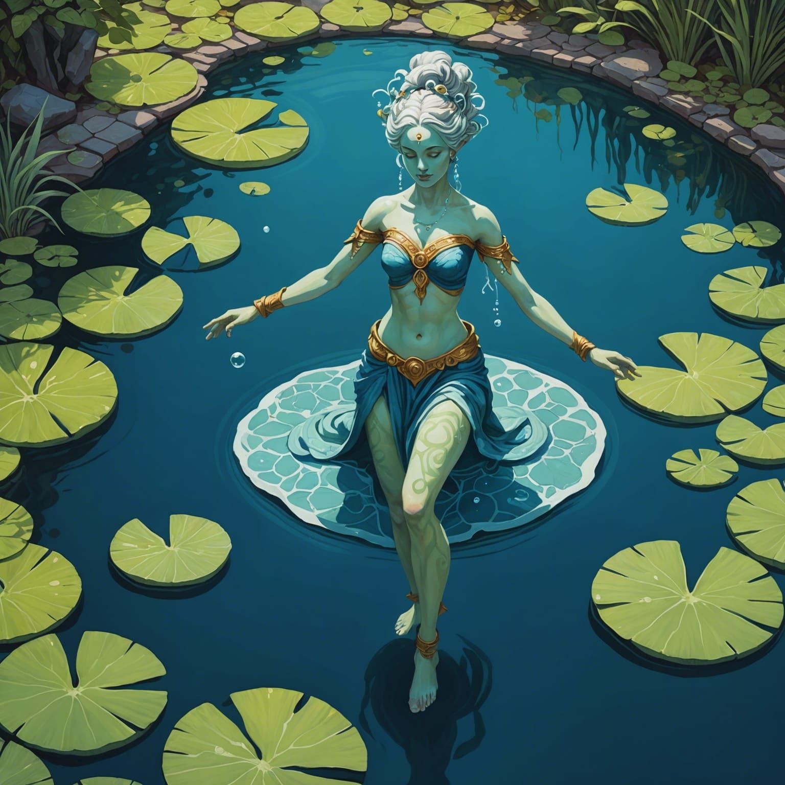 Water Genasi in Wandering Pool, Gouache Painting