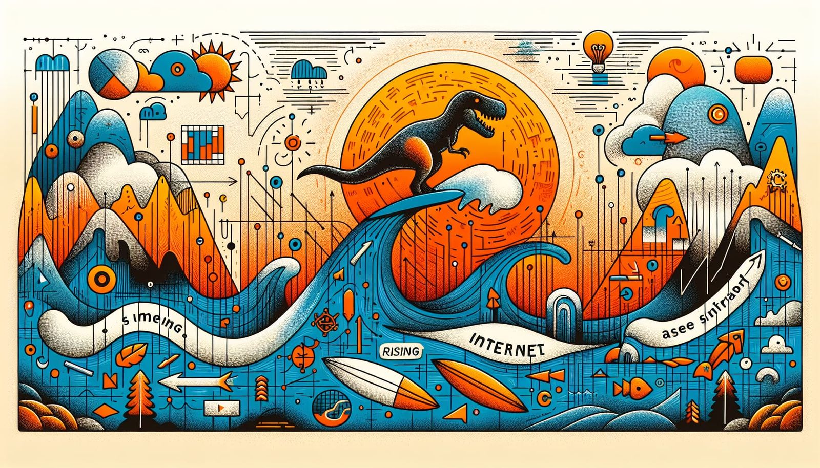 T-Rex Surfing the Internet: Whimsical Cartoon Poster