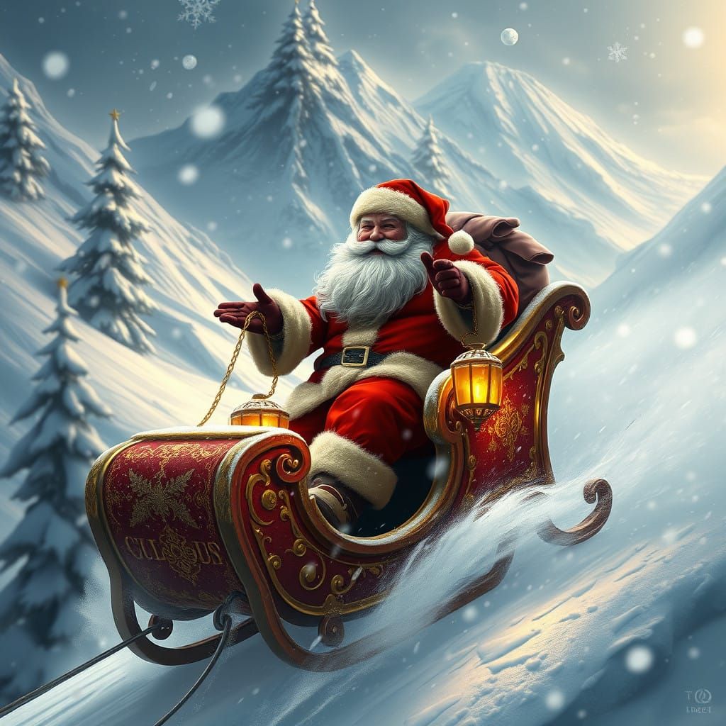 Santa Claus in a Snowy Mountain Landscape in a Futuristic St...