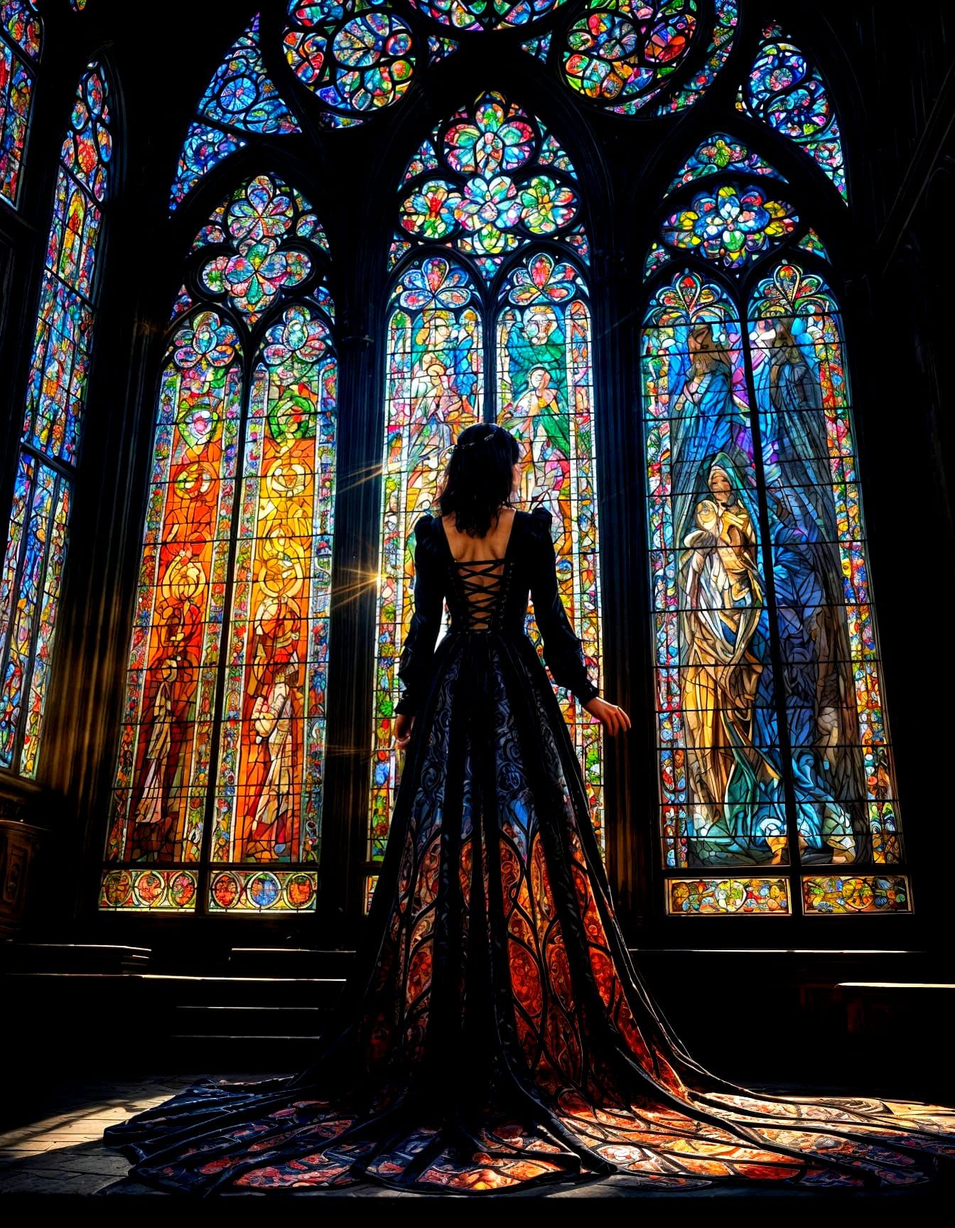 In front a dark-haired woman dressed in a elaborate gown in ...