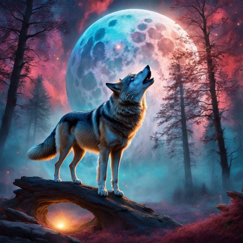 Lone Wolf Howling at Dreamlike Moon in Cosmic Nebula