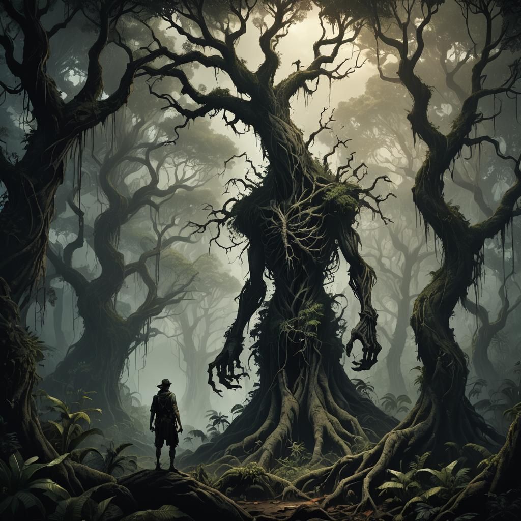 Eerie Dark Fantasy Adventurer in Ancient Rainforest