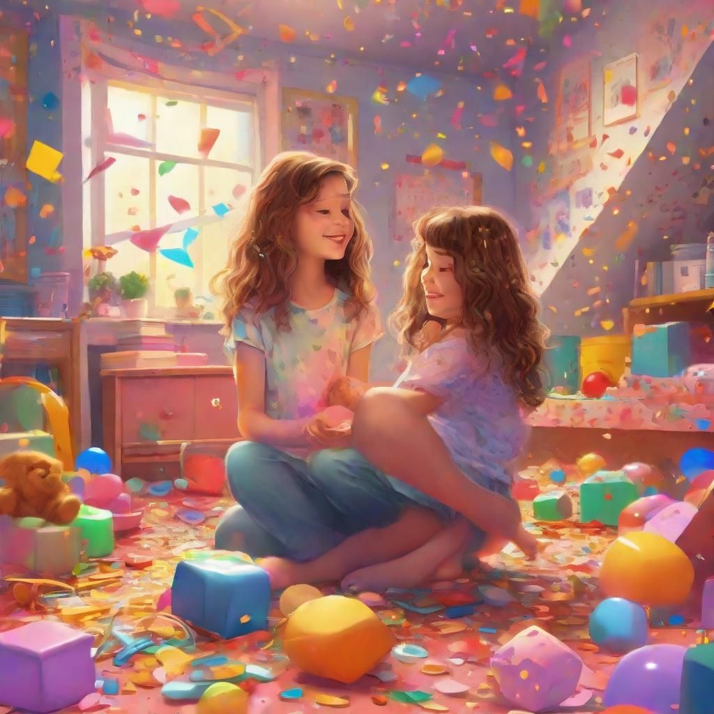 Playful Girl Surrounded by Toys and Confetti