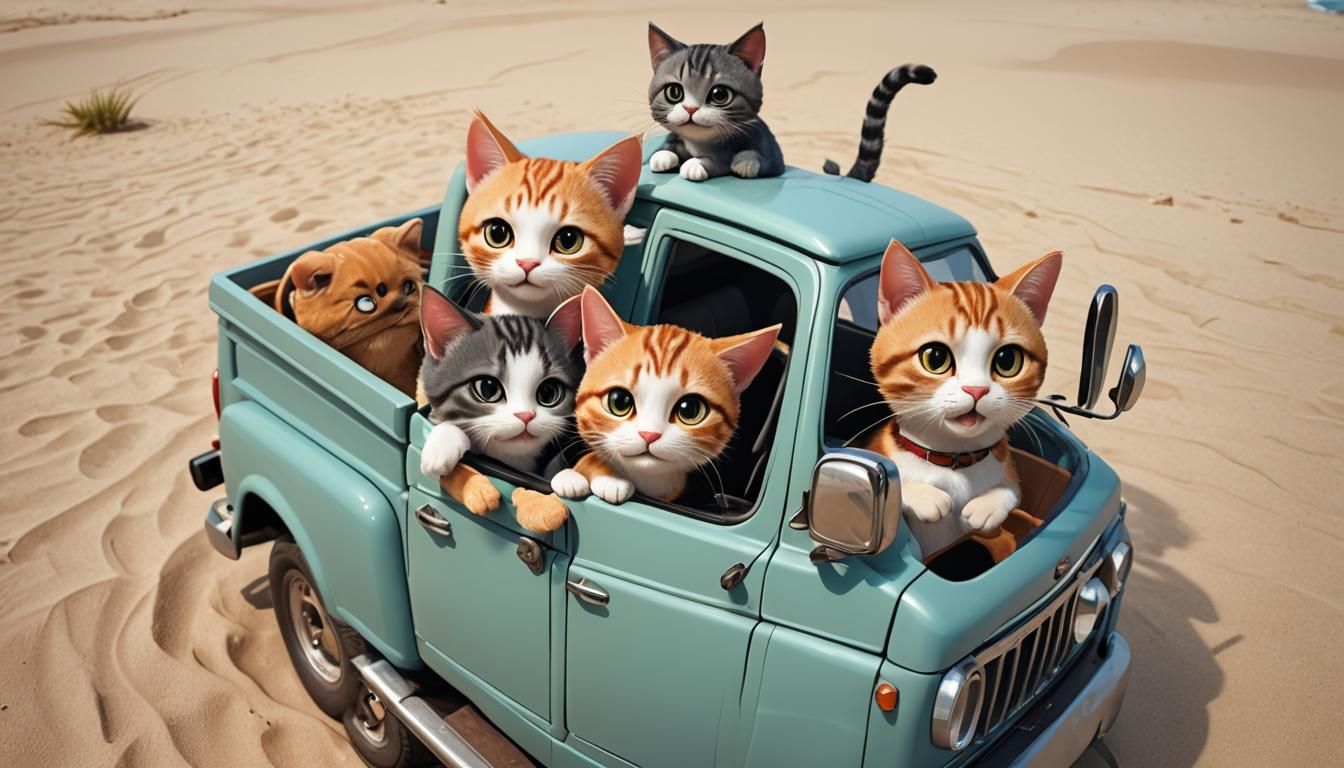 Cartoon Cats' Beach Trip in a Cute Truck