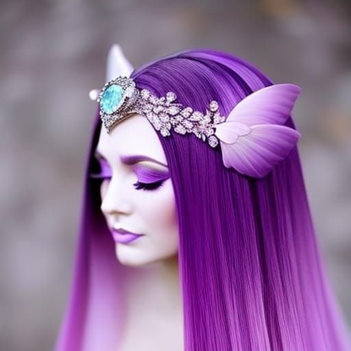 Ethereal fairy with shimmery glittered purple wings& dark purple hair& purple eyes& porcelain white complexion with a sh...