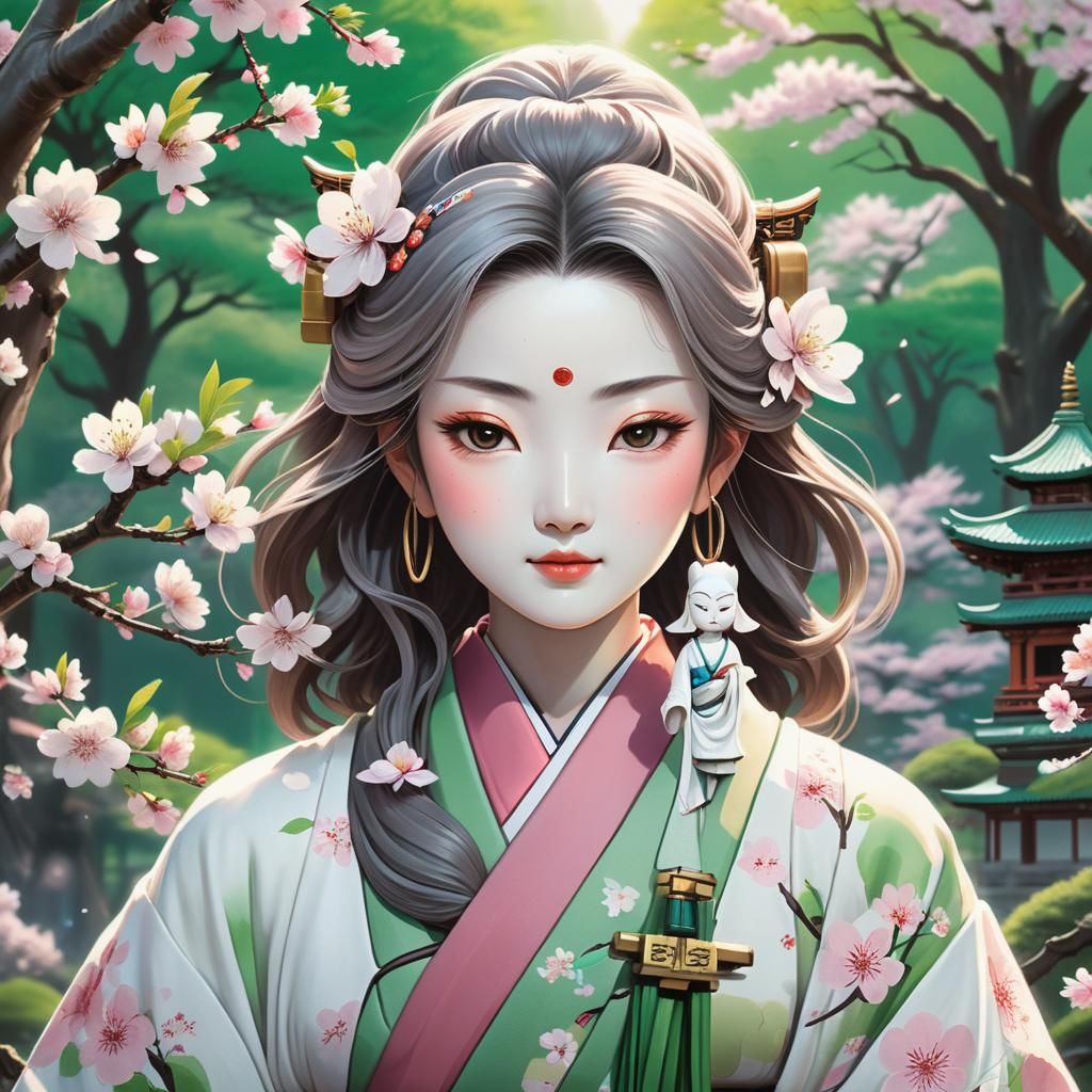 Dreamy Chibi Woman Amidst Cherry Blossoms and Shrine