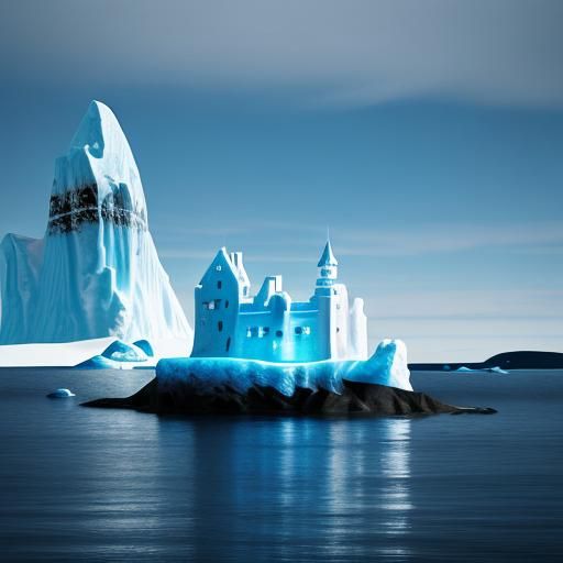 Antarctic Castle at Midnight with Penguins