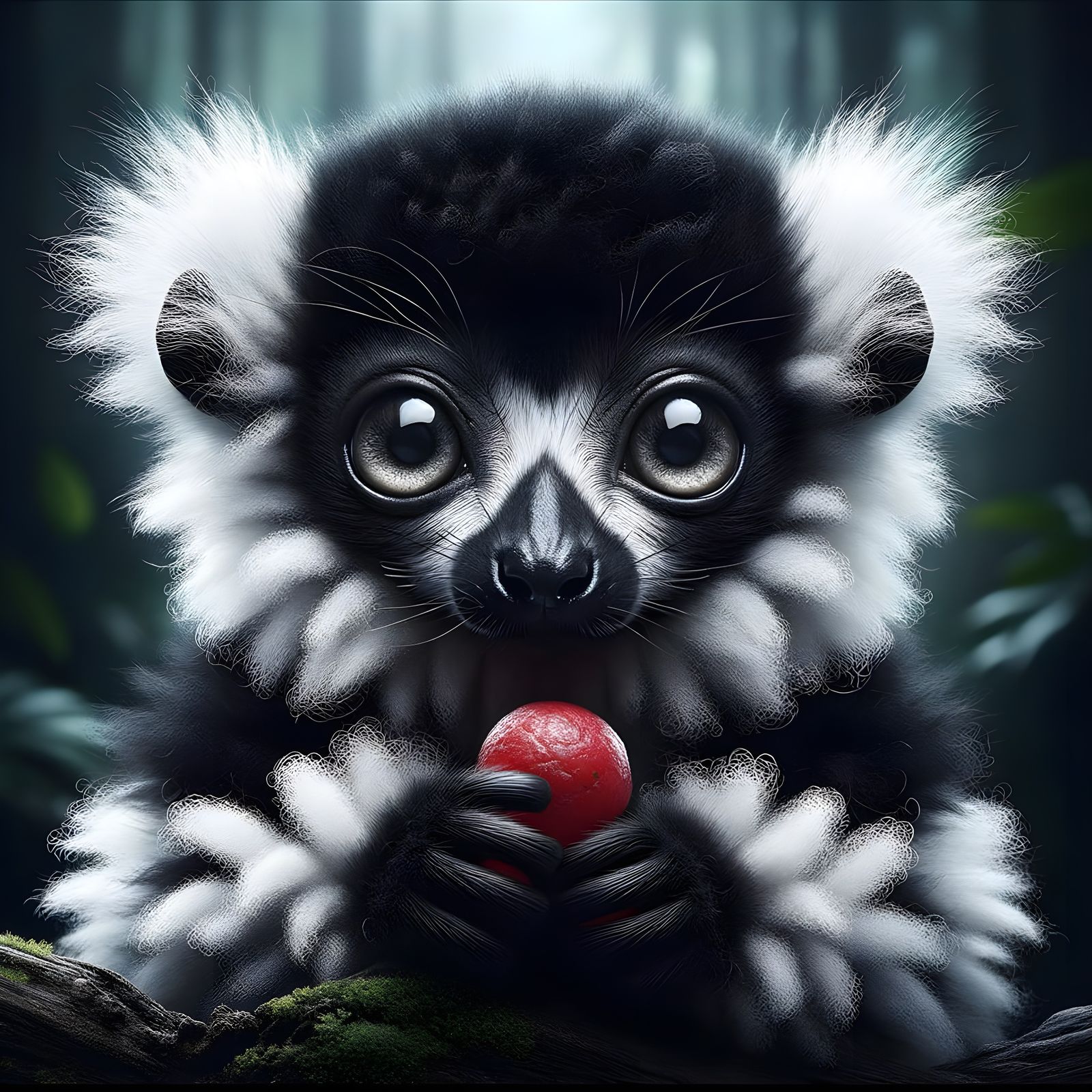 Endearing Baby Lemur Holding Red Berry in Jungle