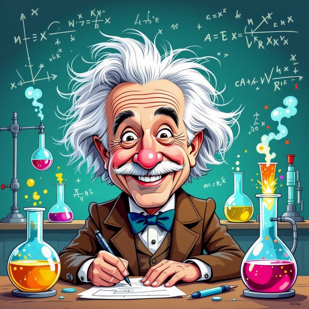 Exaggerated Einstein Caricature in Whimsical Lab