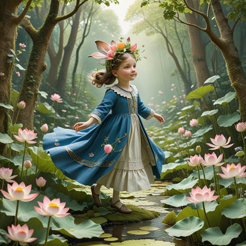 Whimsical Lotus Goddess with Floral Headdress and Roots