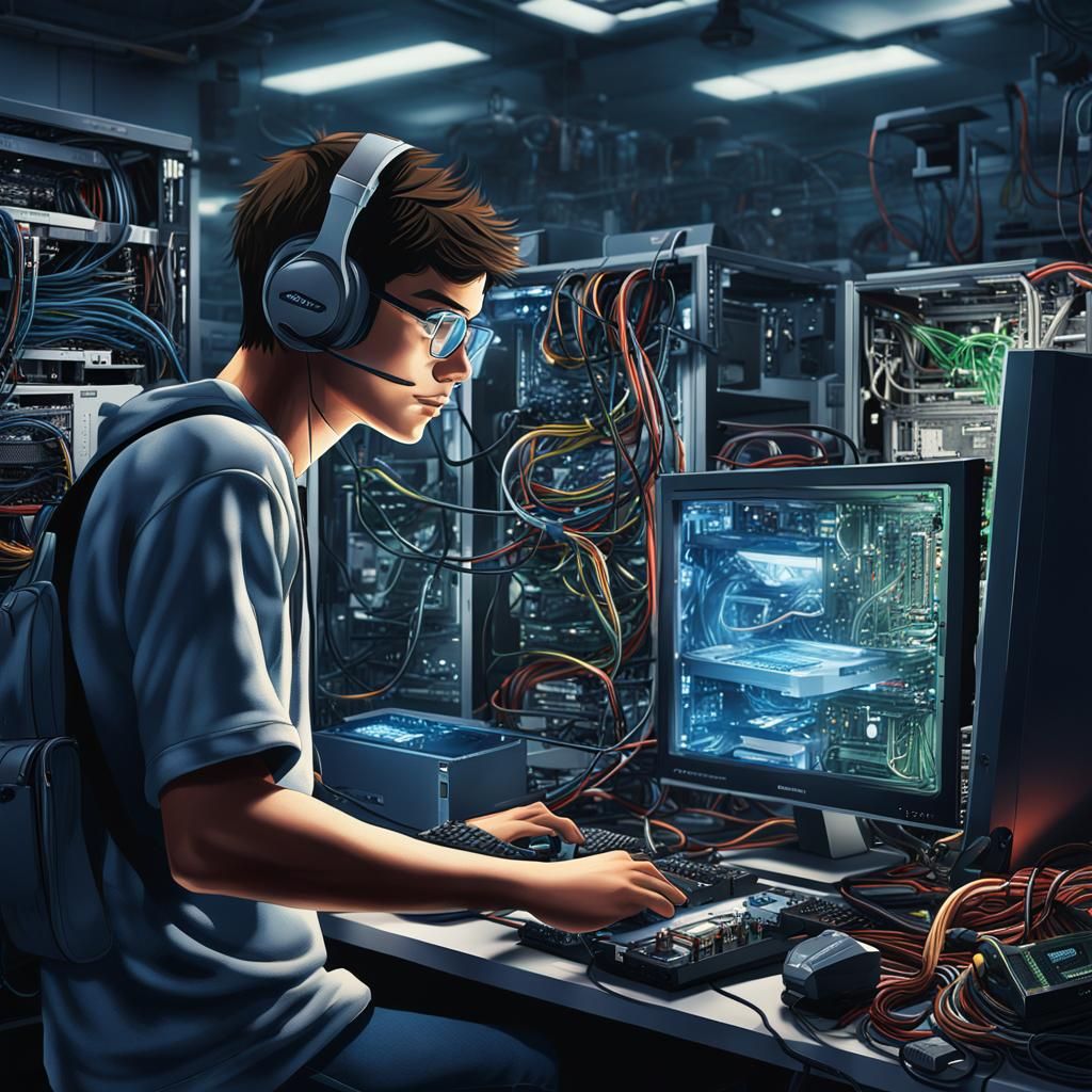 Installing Graphics Card: Hyper-Realistic Computer Lab Art