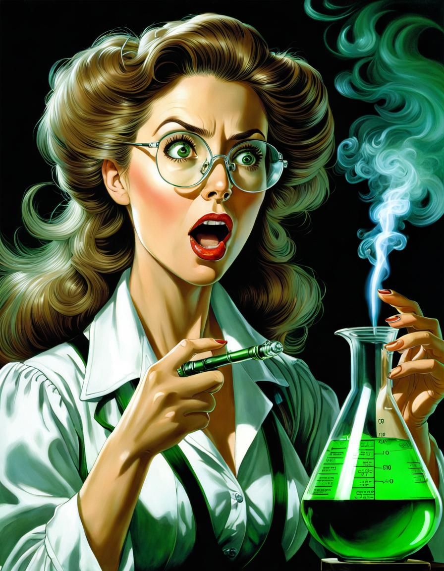 Surprised Scientist in Lab, Hyperrealistic Anime Portrait