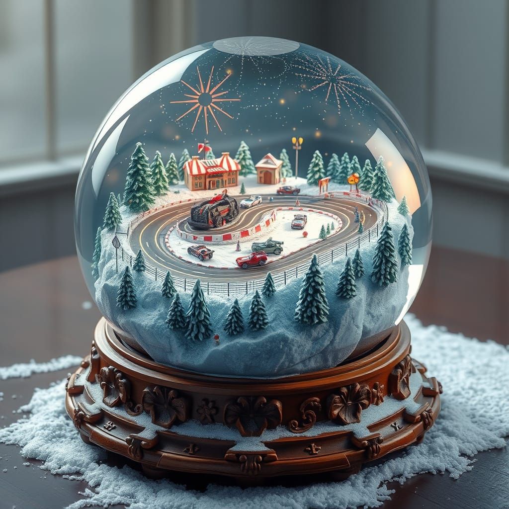 Hyperrealistic Snow Globe Race Track with Tiny Spectators