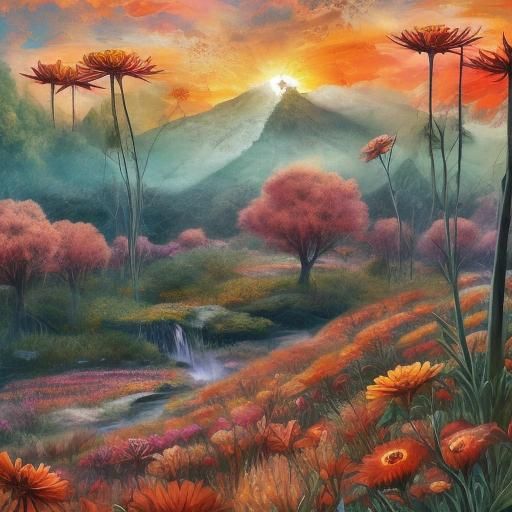 Sunrise in Fantasy Meadow Impasto Painting