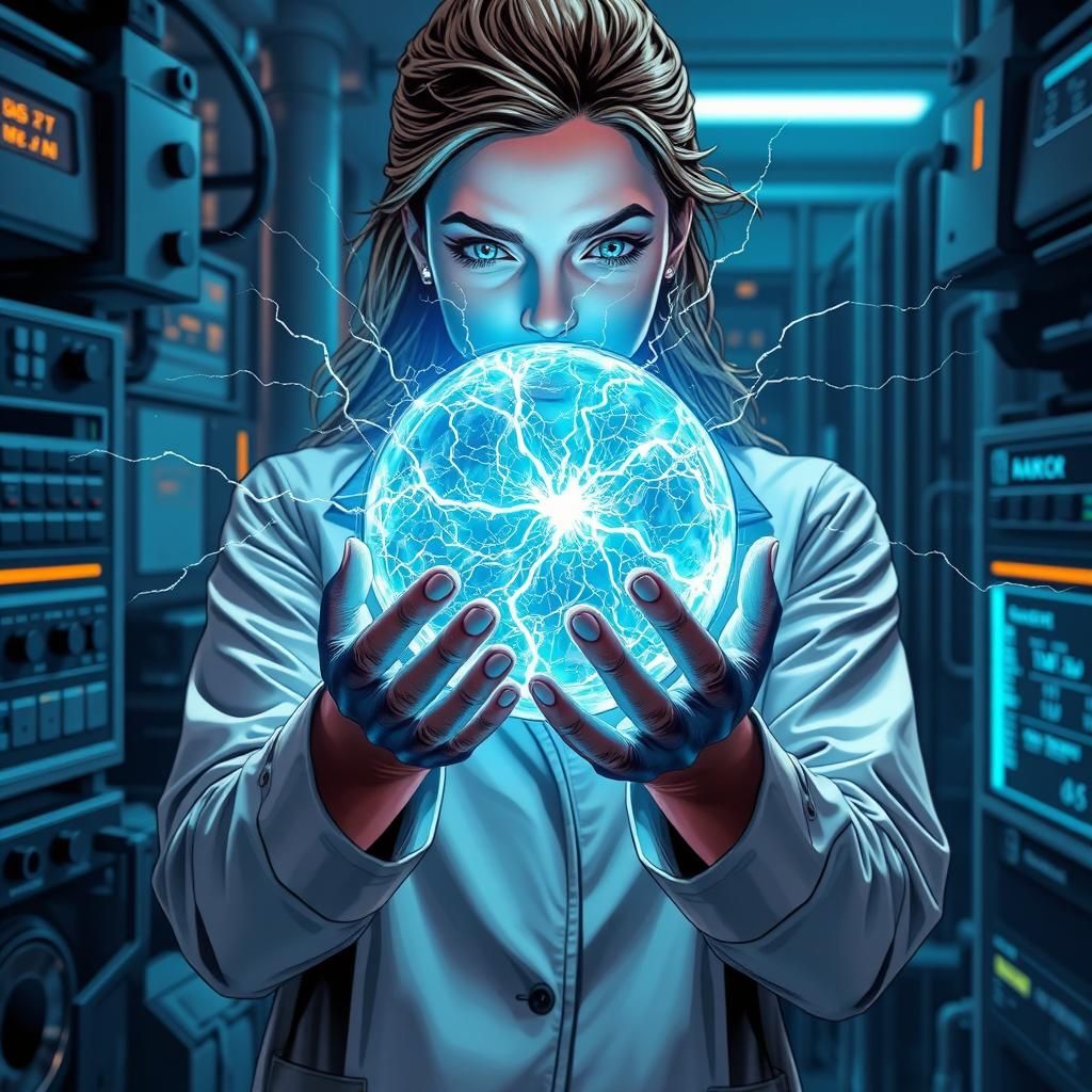 Woman Manipulating Orb in High-Tech Lab