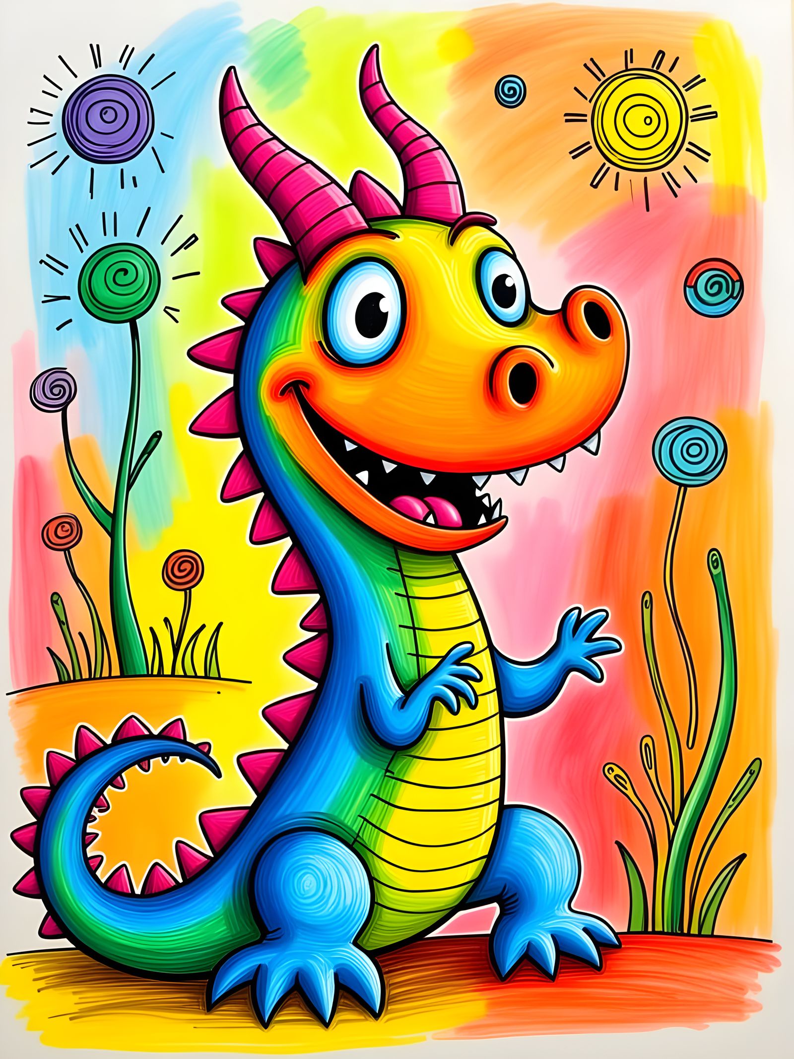 Vibrant Whimsical Dragon in Childhood Crayon Style