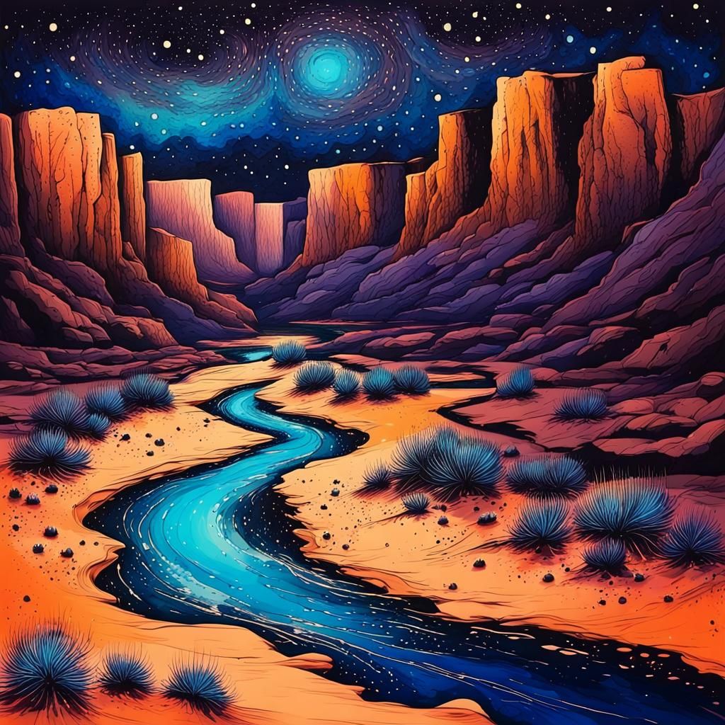 Starlit Desert Canyon in Ink Splatter Art