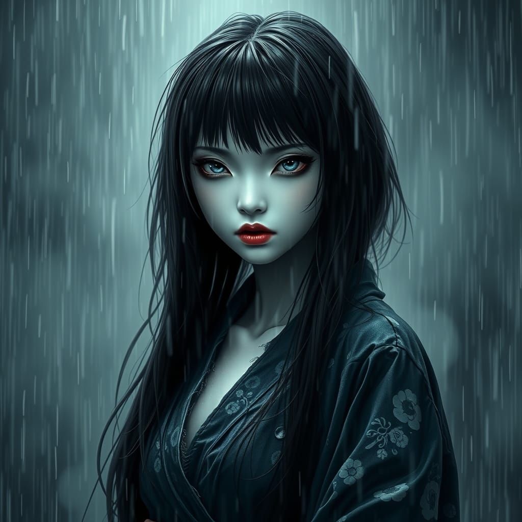 Serene Rain Woman Spirit in Eerie Stormlight