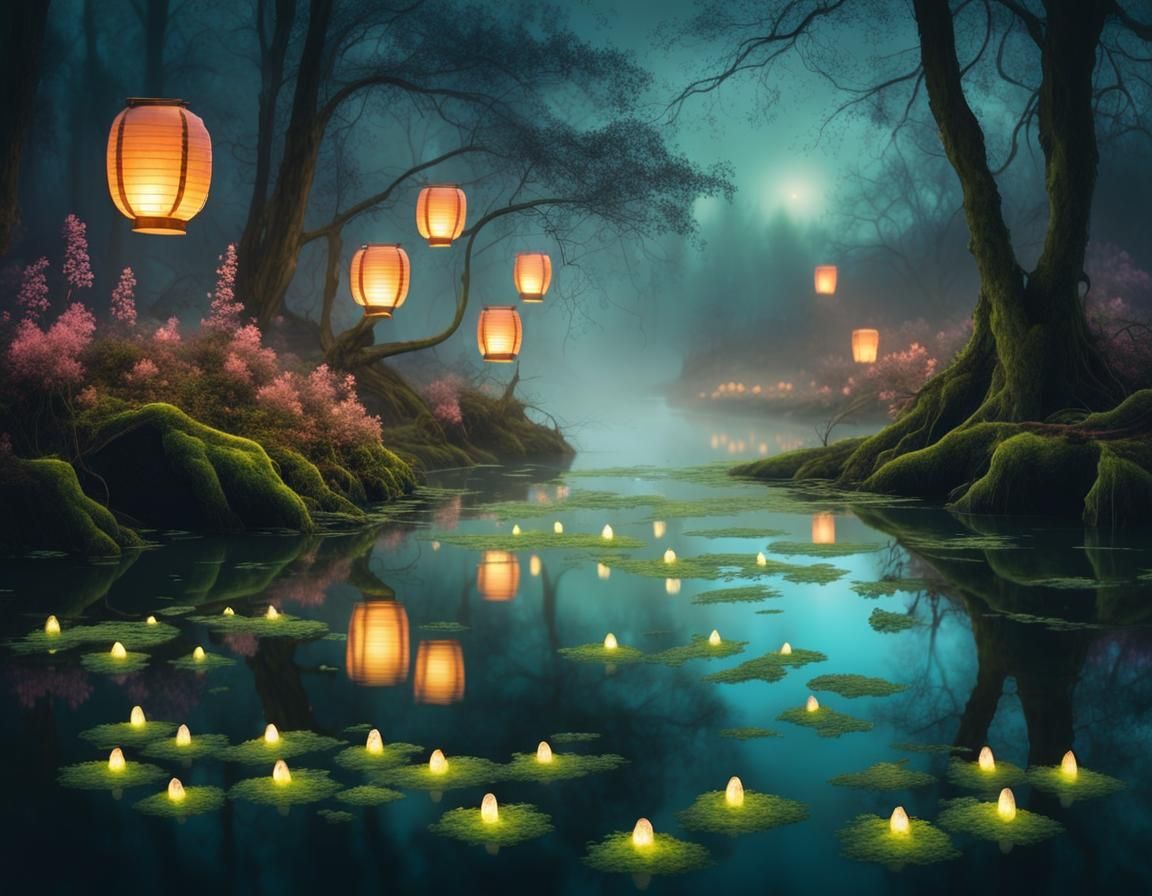 Bioluminescent River with Floating Lanterns in Watercolor St...