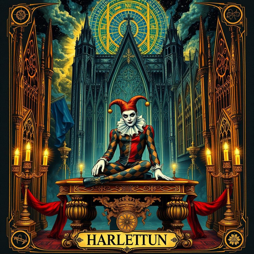 Mystical Harlequin Tarot Card Illuminated by Celestial Light