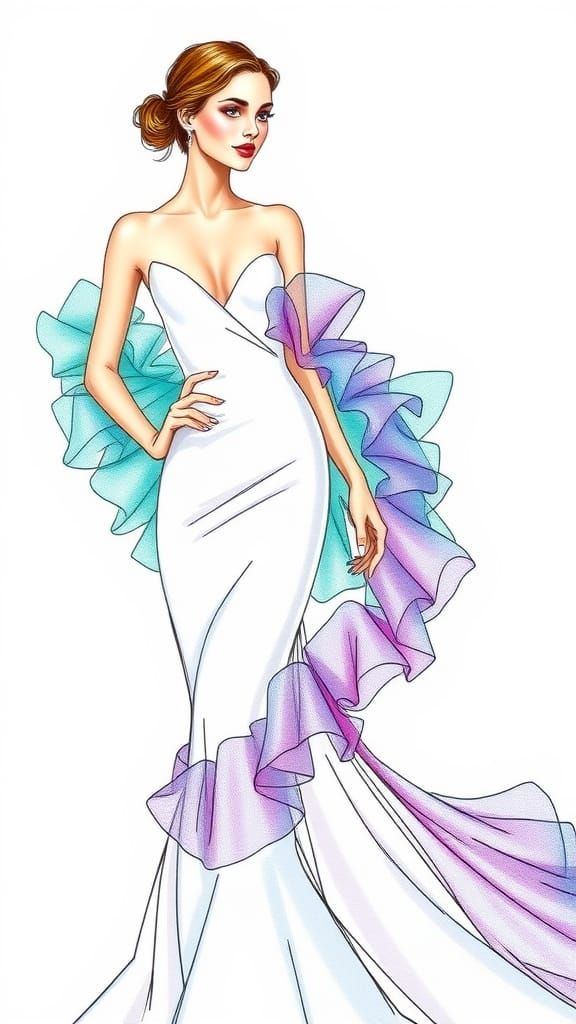 Sleek Elegance in Iridescent Ruffles: Fashion Sketch
