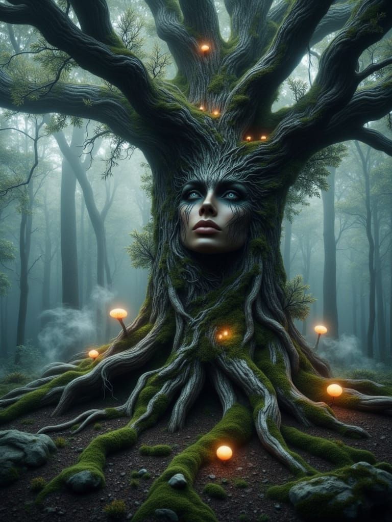 Ancient Tree Face in Misty Dreamlike Forest