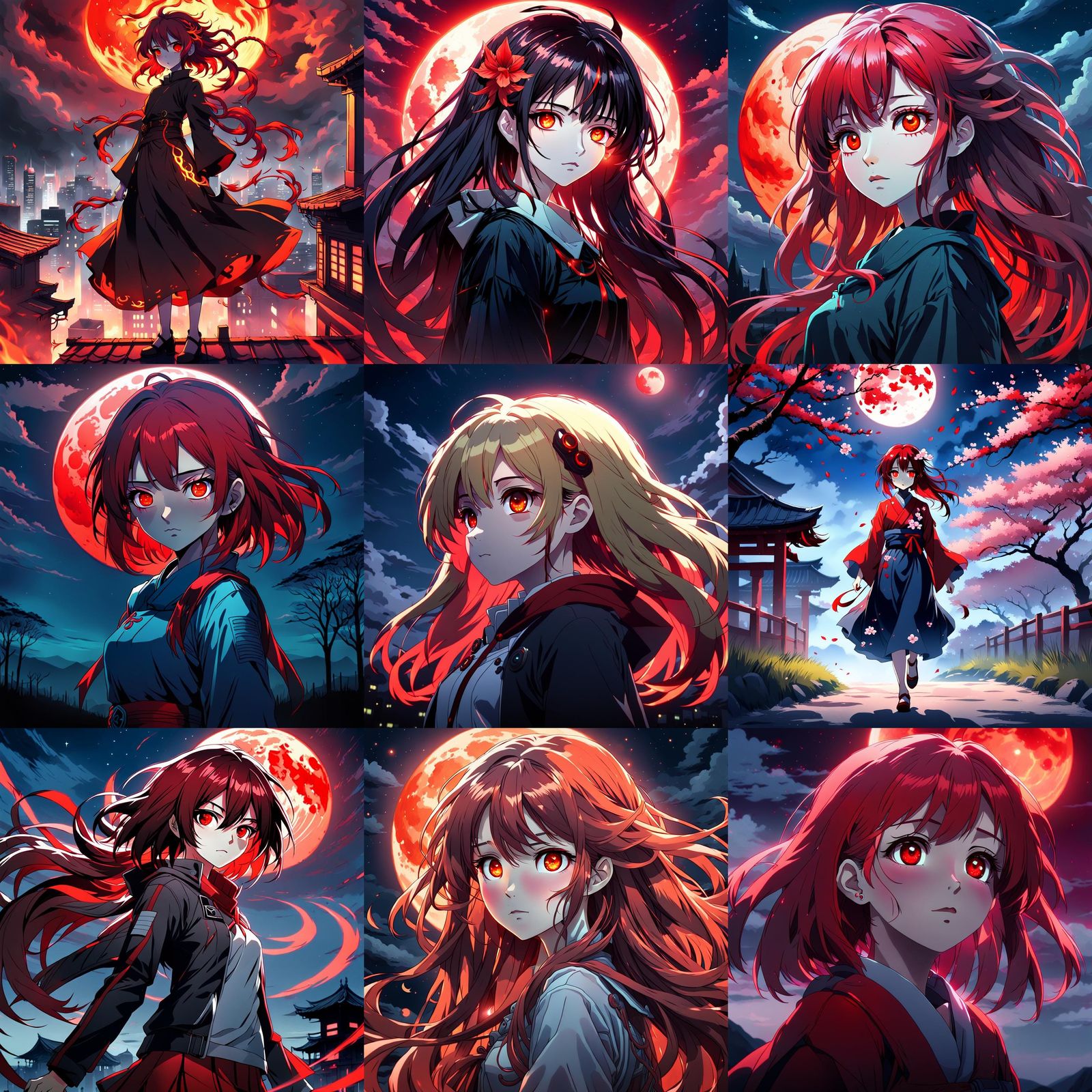 Anime Girl with Red Eyes Under Crimson Moon