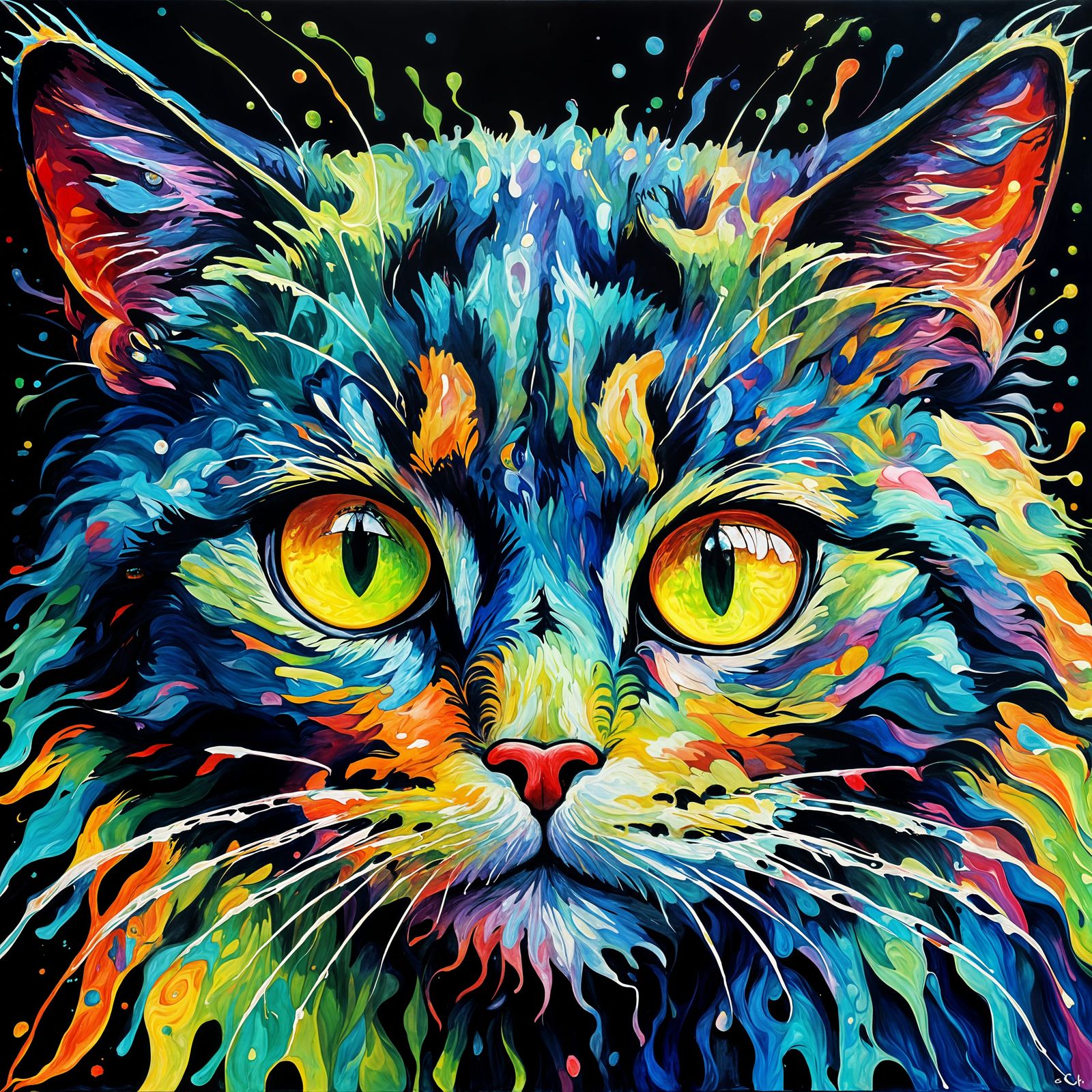 Vibrant Neo-Impressionist Cat with Kaleidoscopic Glow