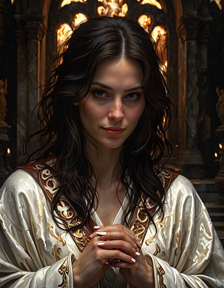 Chiaroscuro Oil Painting of Woman in Ruined Temple