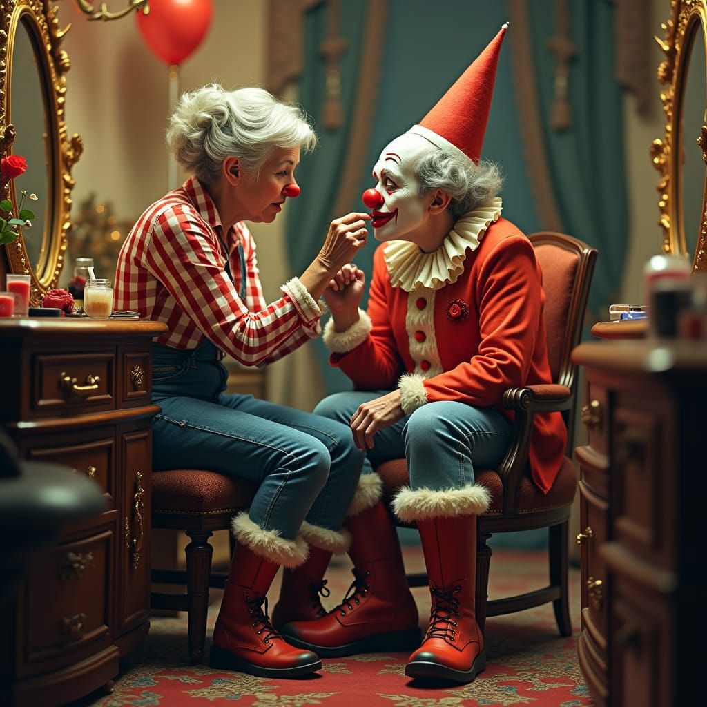 Elderly Woman Applies Makeup in Hyper-Realistic Fantasy