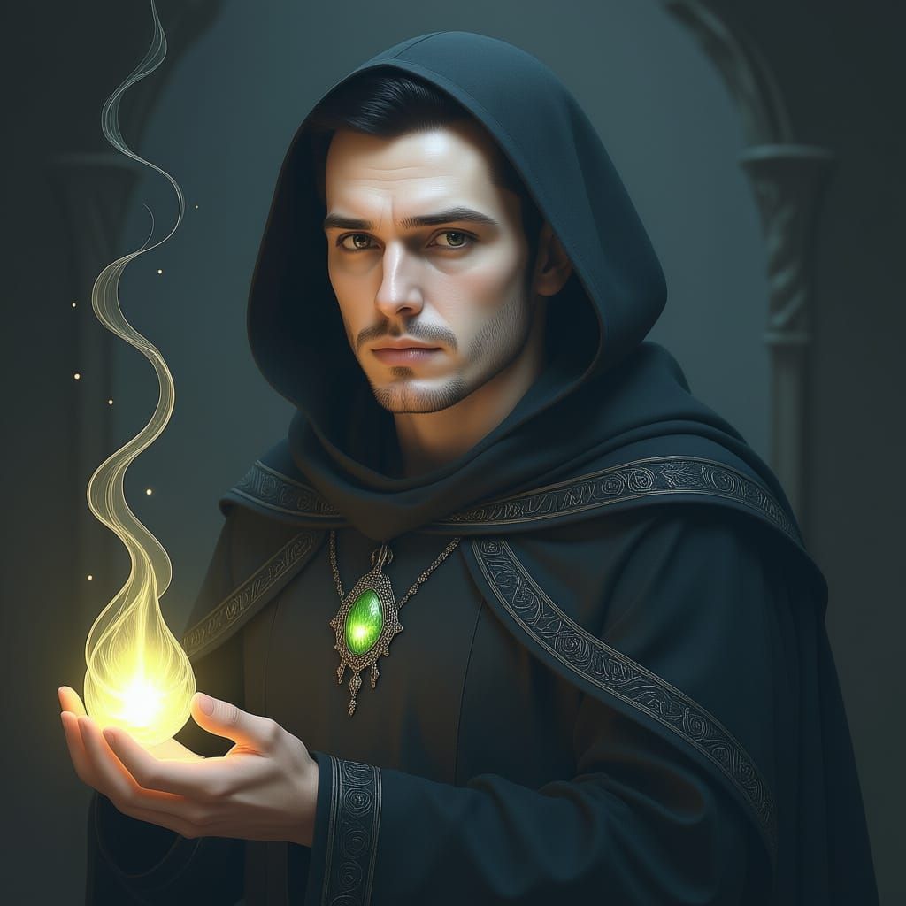 Aasimar Cleric with Snake Eyes in Dark Robes