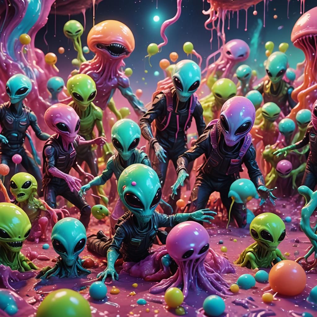 Vibrant Surrealist Aliens Play with Slime