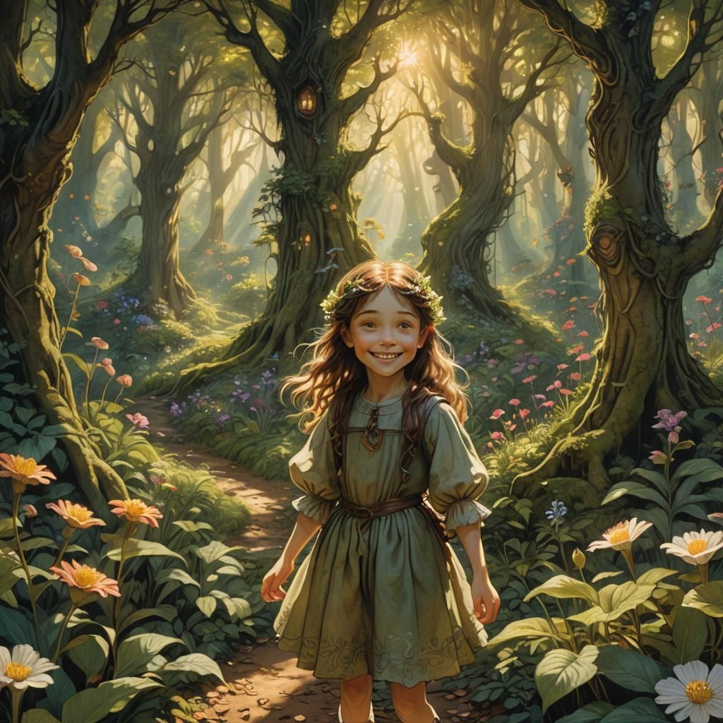 Happy Girl in Lush Forest, Fantasy Art
