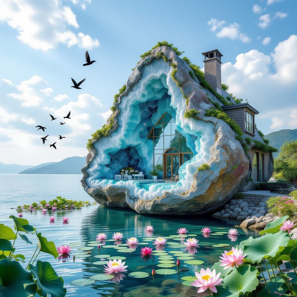 Stunning Gemstone Geode House Overlooking Water with Birds