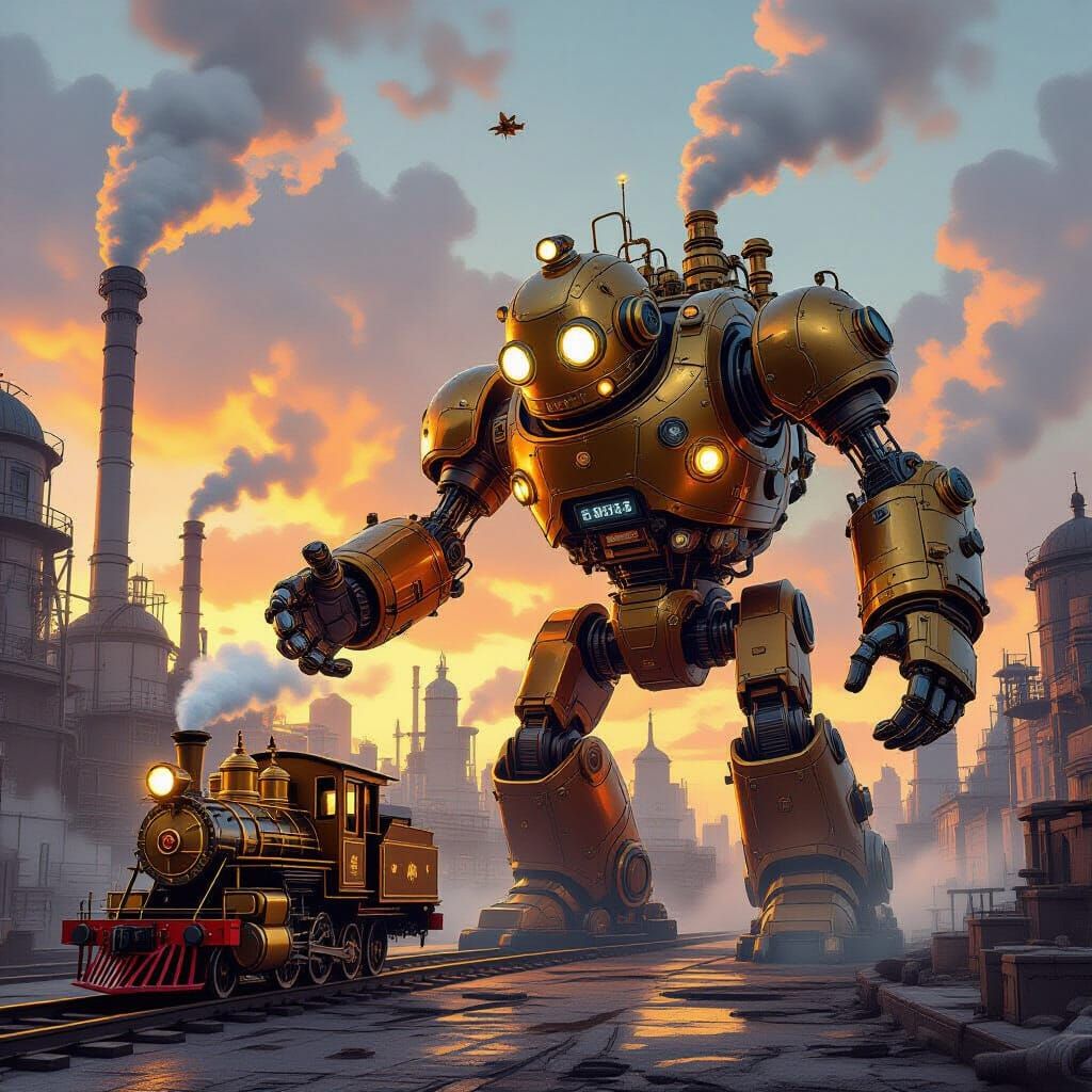 Giant Steampunk Robot Plays With Dieselpunk Train