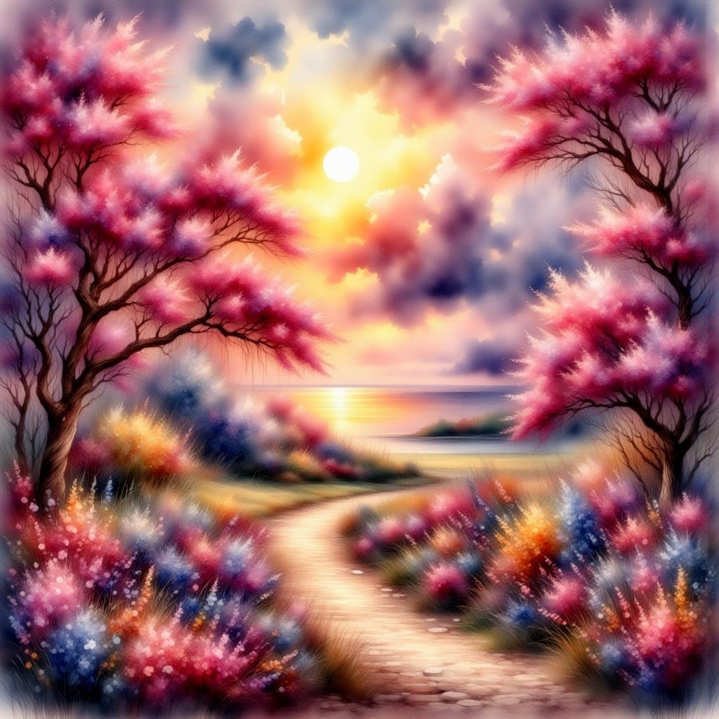 Sapphire Dreams and Ruby Sunsets in Watercolor Style