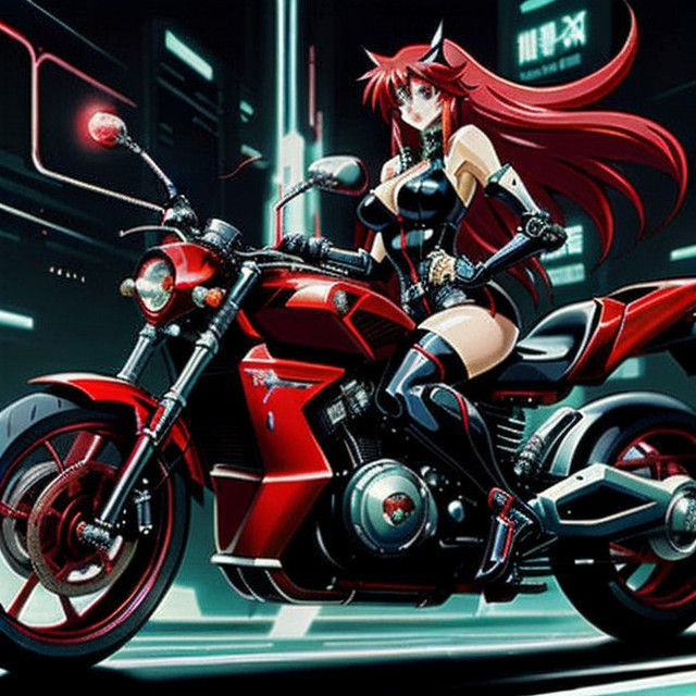 Rias Gremory in Neon Cyberpunk Anime Style on Metallic Red M...