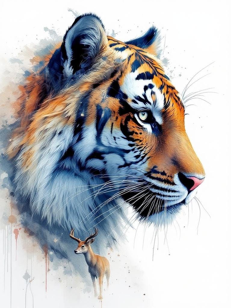 Double Exposure Tiger Portrait in Watercolor Style