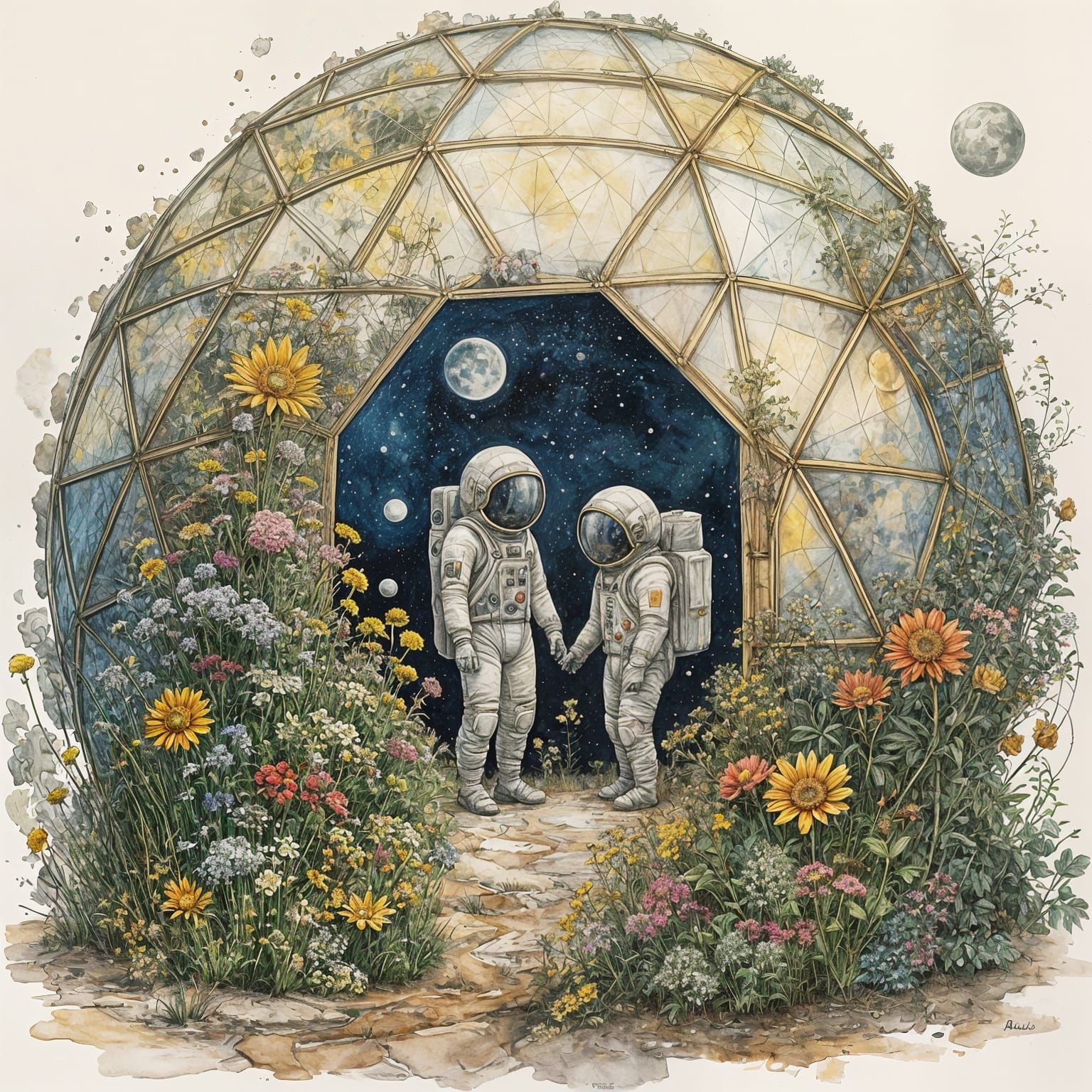 Astronauts Tend to Lunar Flowers in a Geodesic Dome