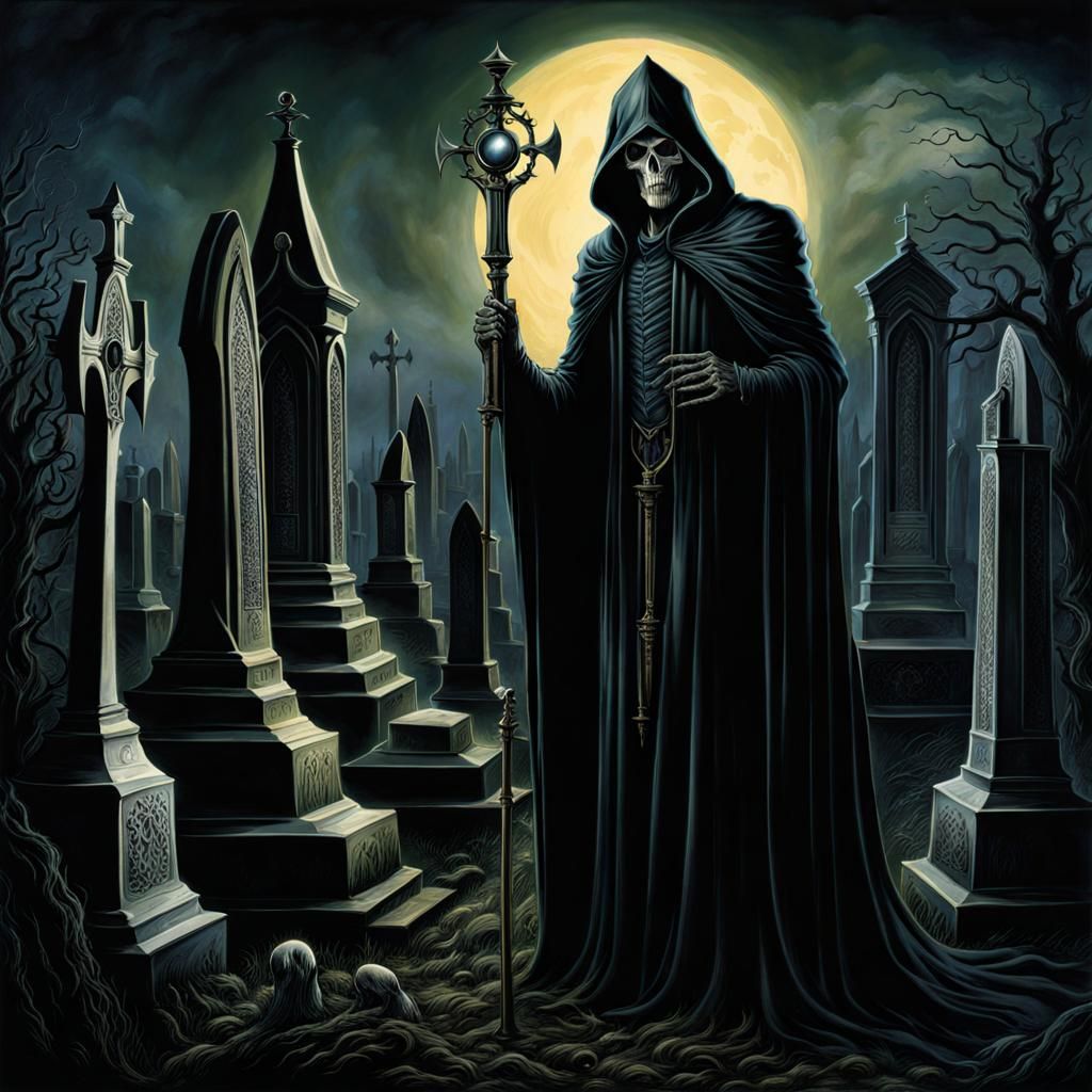 Elegant Grim Reaper in Gothic Cemetery Painting
